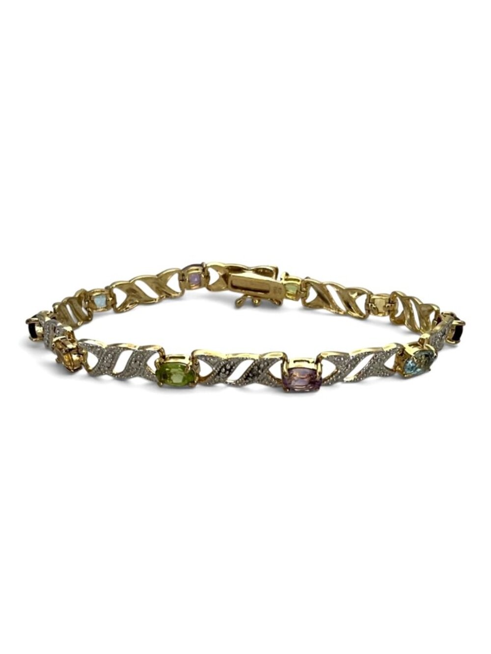 VTG FAS 925 Sterling Silver Multi Gemstone Tennis Bracelet Two-Tone, 7.25" Oval